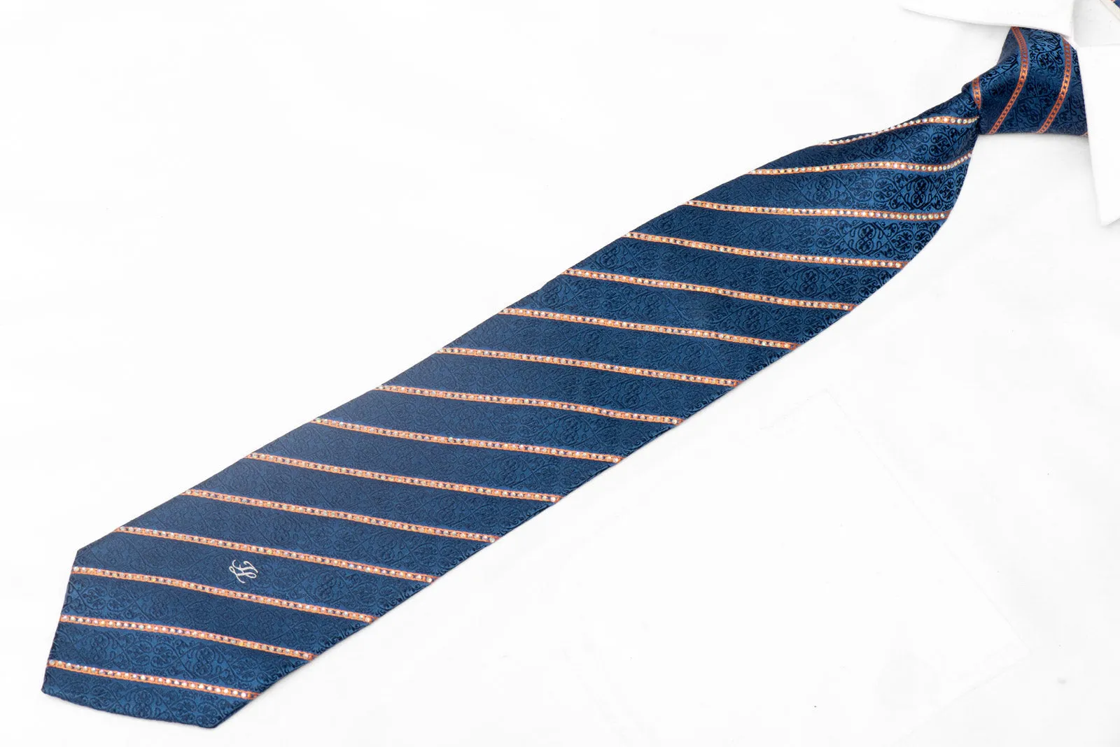 Striped Rhinestones On Blue Mens Silk Tie