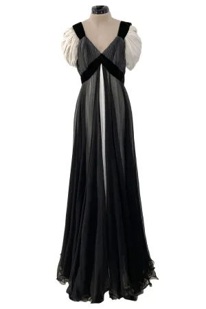 Stunning Spring 1986 Jacqueline de Ribes Black & Ivory Bias Cut Silk Chiffon Dress