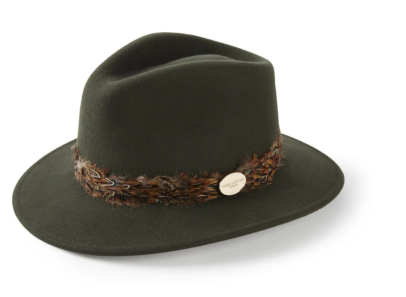 The Suffolk Fedora in Olive Green (Bronze Feather Wrap)