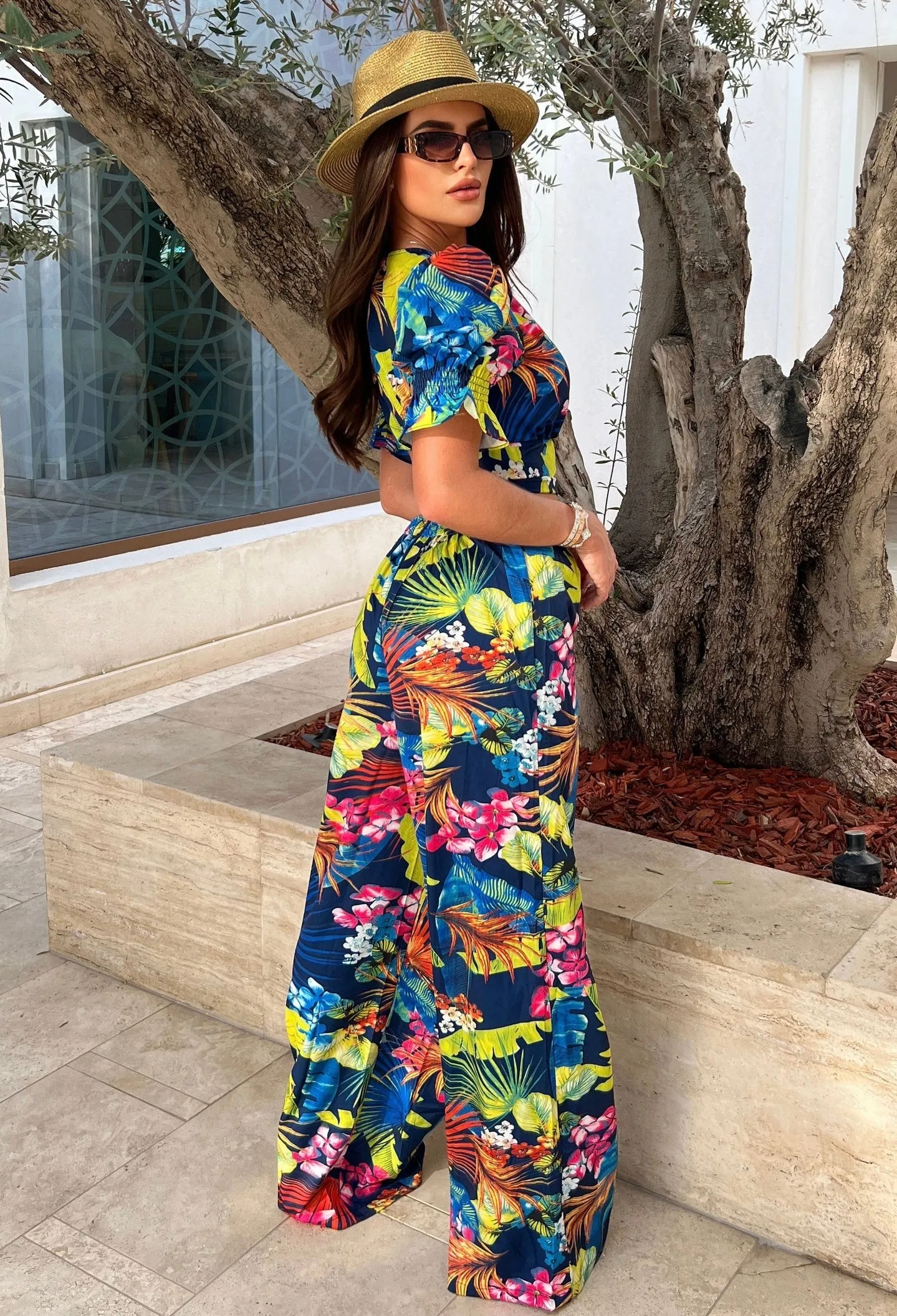 Tropic Tease Blue Tropical Print Wide Leg Co-Ord Set