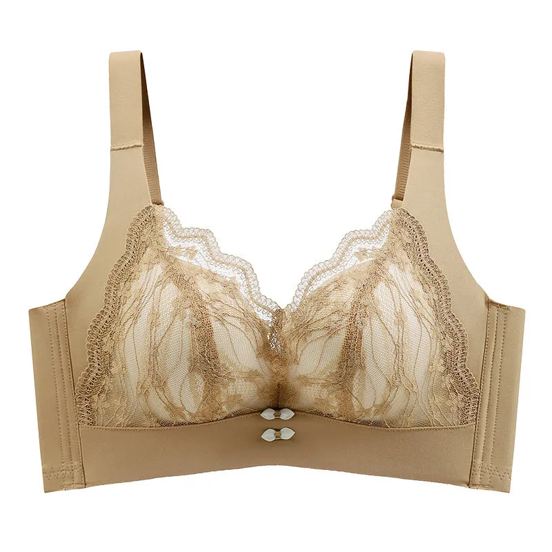 Underwear for women with large breasts showing small and thin adjustable push-up lace seamless and wire-free push-up bra to collect secondary breasts