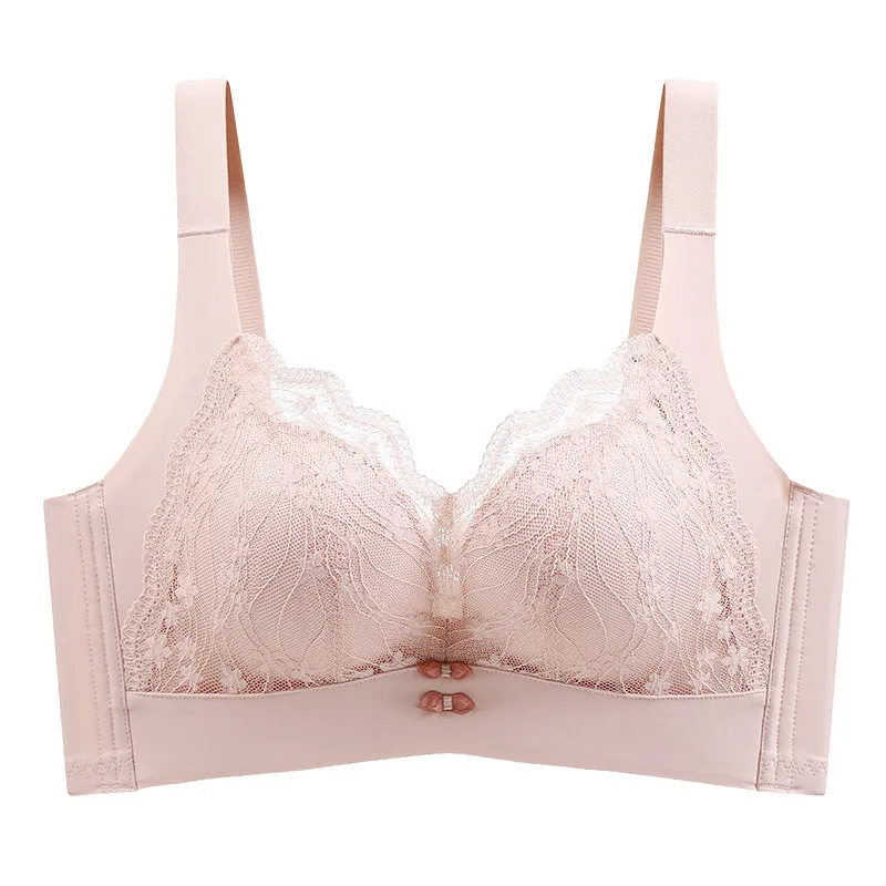 Underwear for women with large breasts showing small and thin adjustable push-up lace seamless and wire-free push-up bra to collect secondary breasts