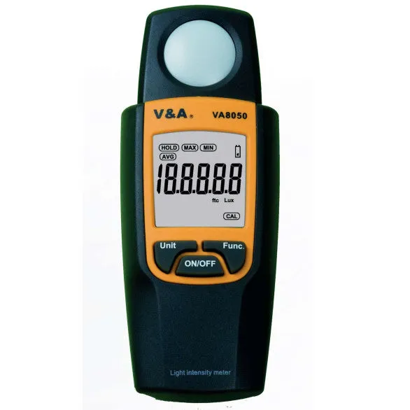 VA8050, Light Meter. Range 0-30000 Lux (lm/m2) or 0-2788.0 ftc (lm/ft^2) Accuracy  /-(4% 50), Resolution 1 Lux/0.1ftc