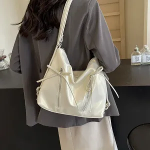 VAIGE Silver Small Bow PU Leather Shoulder Bag with Zipper Closure and Flap Pocket, Soft Baguette Shape, Versatile Crossbody Design