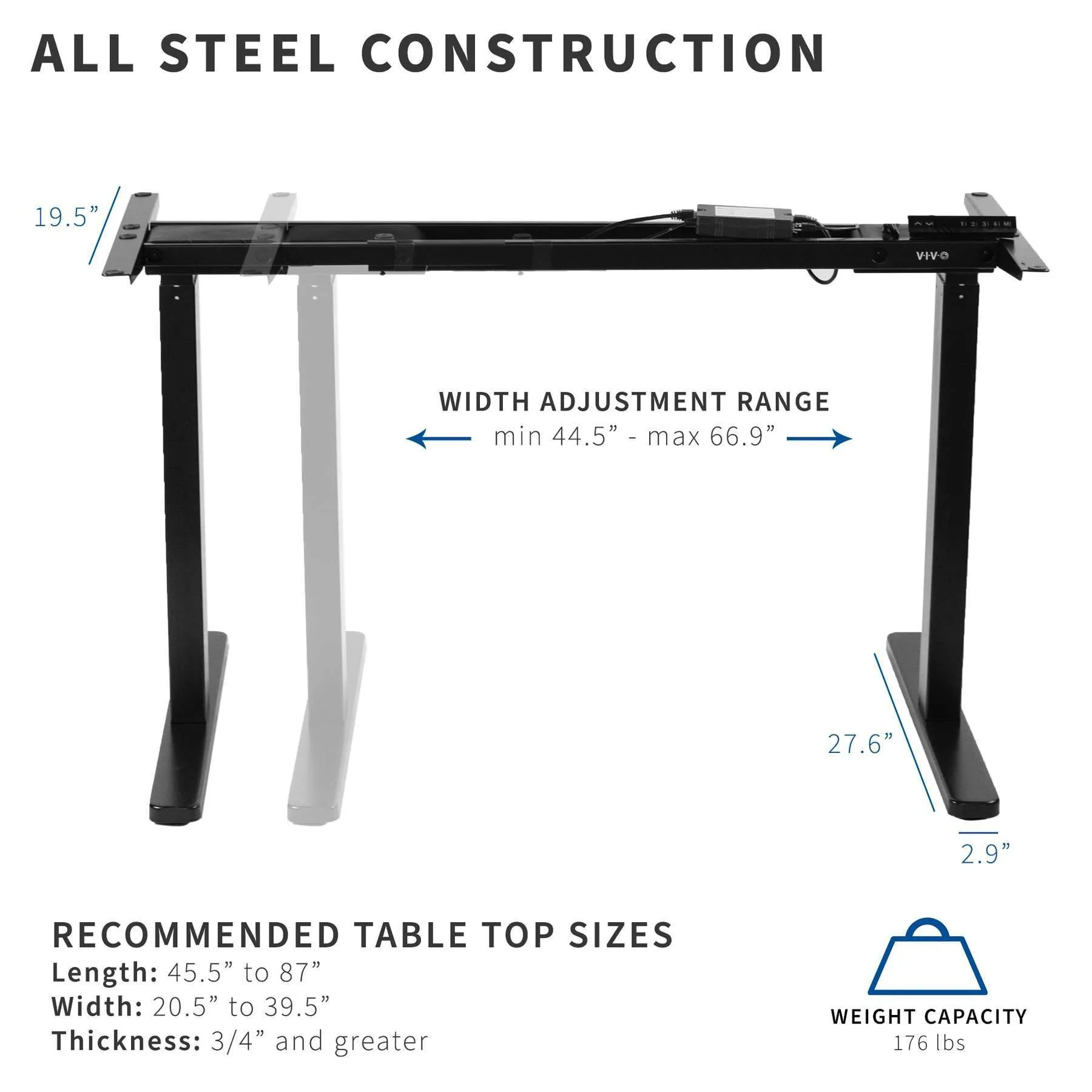 VIVO 45"-87" Electric Dual Motor Desk Frame, DESK-V122EB/DESK-V122EW