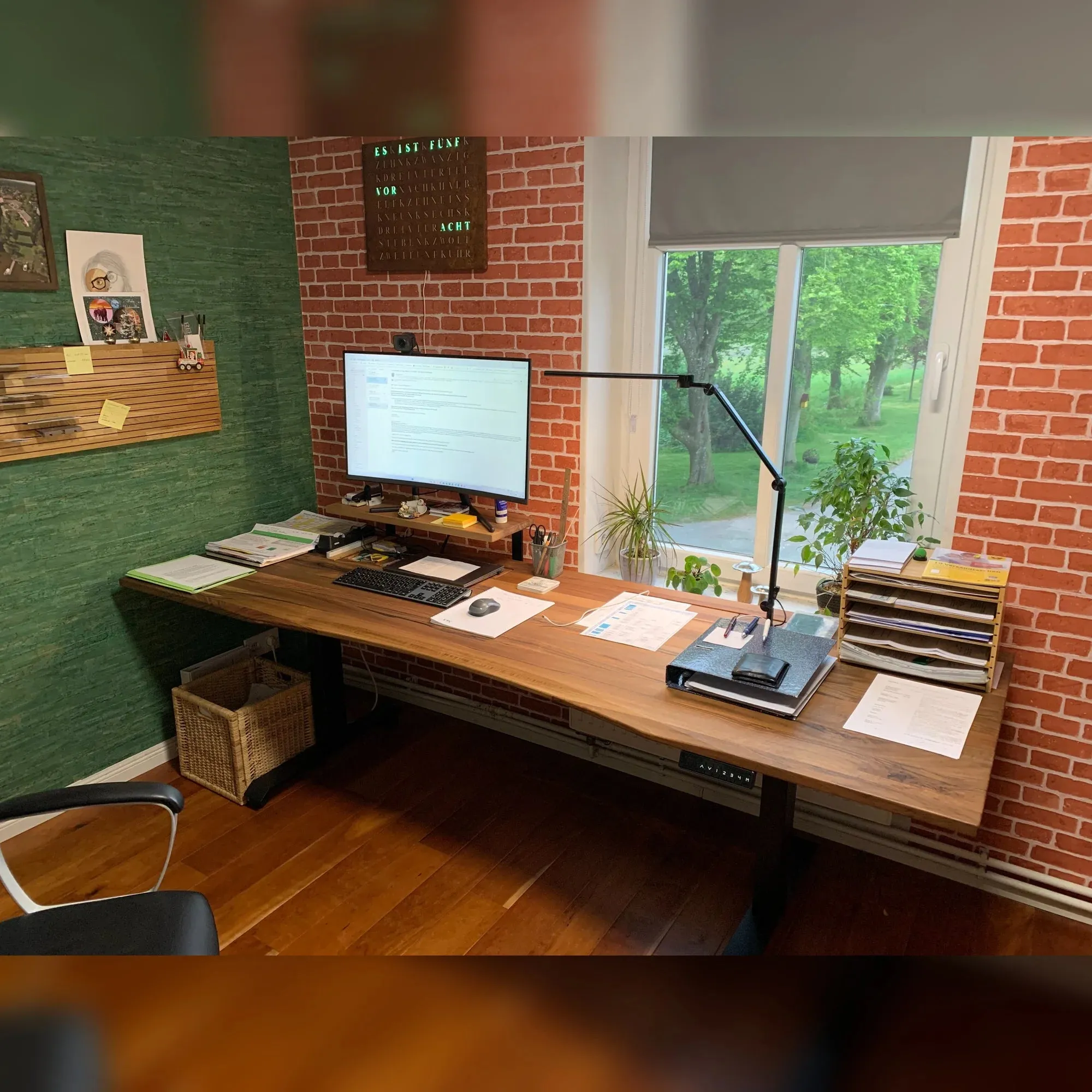 Walnut standing desk with cable management unit