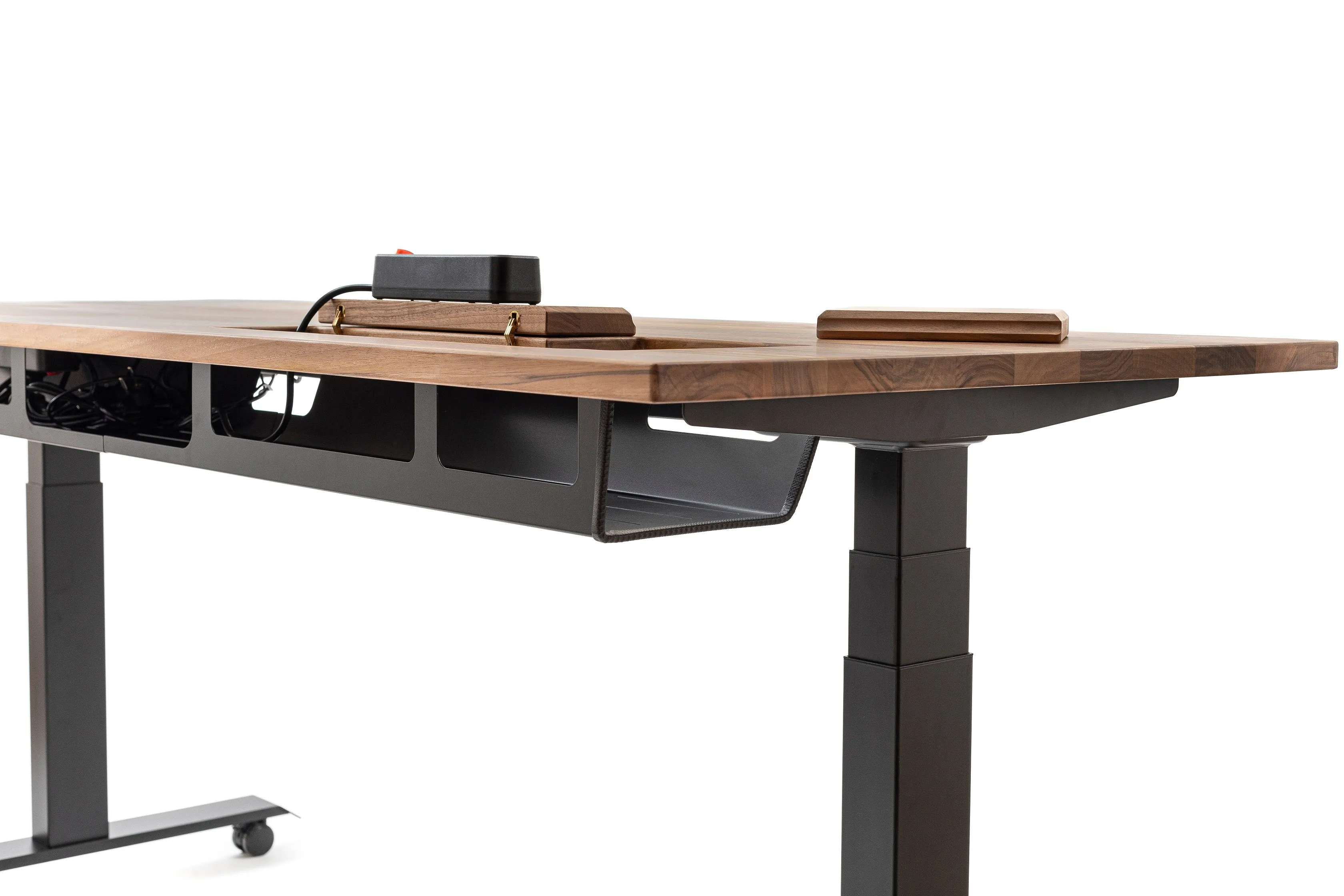 Walnut standing desk with cable management unit