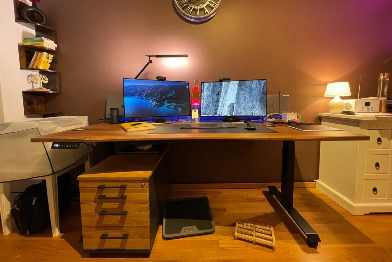 Walnut standing desk with cable management unit