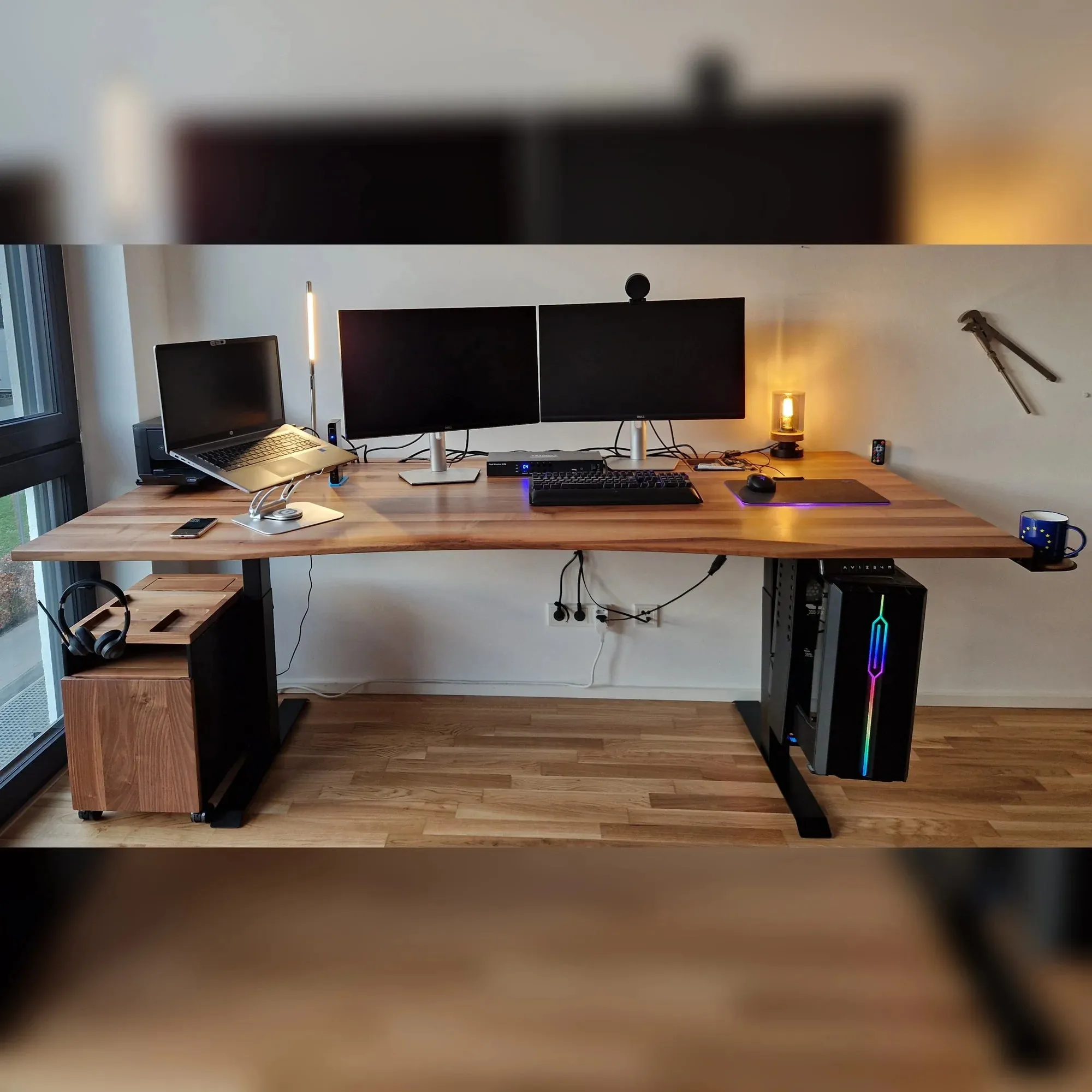 Walnut standing desk with cable management unit