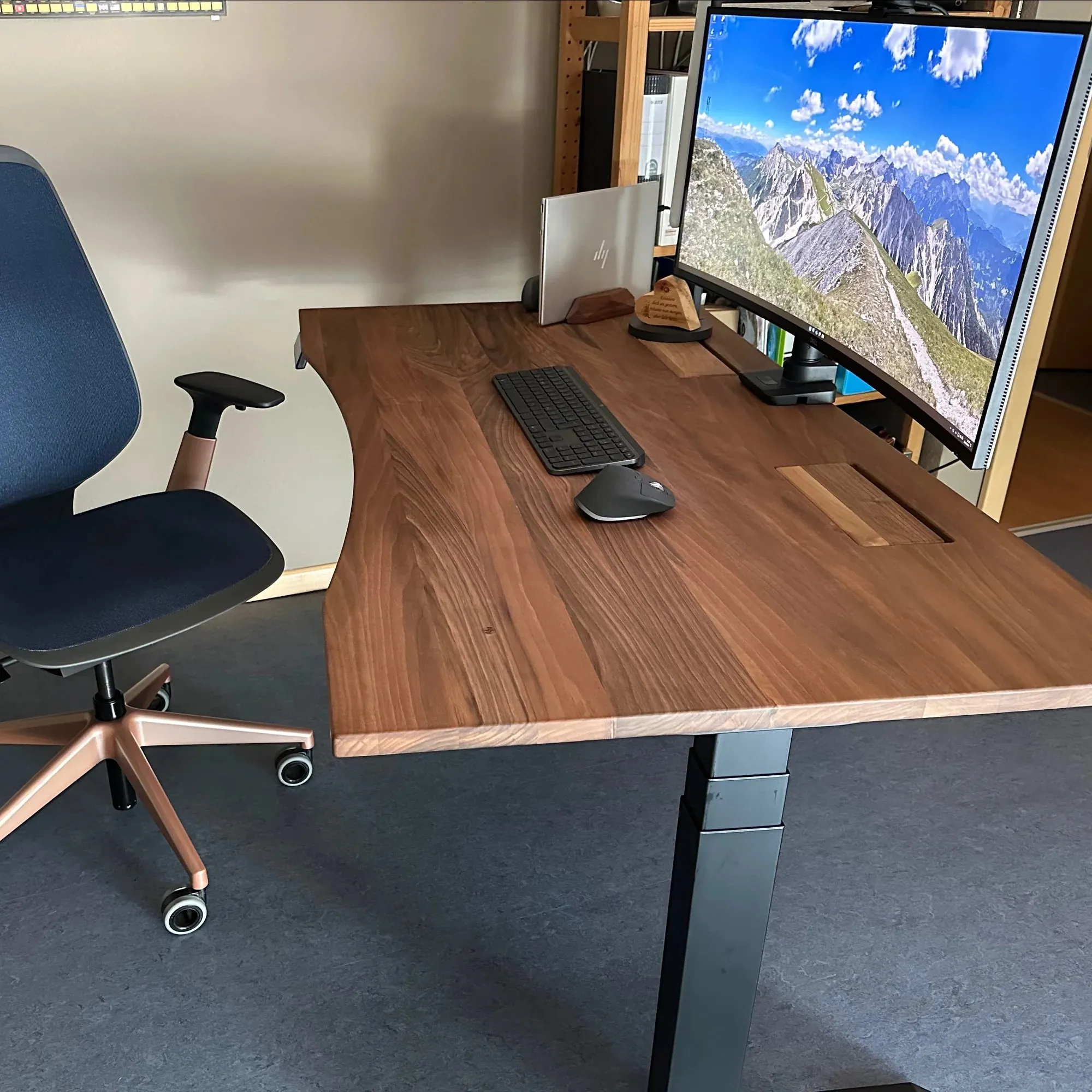 Walnut standing desk with cable management unit