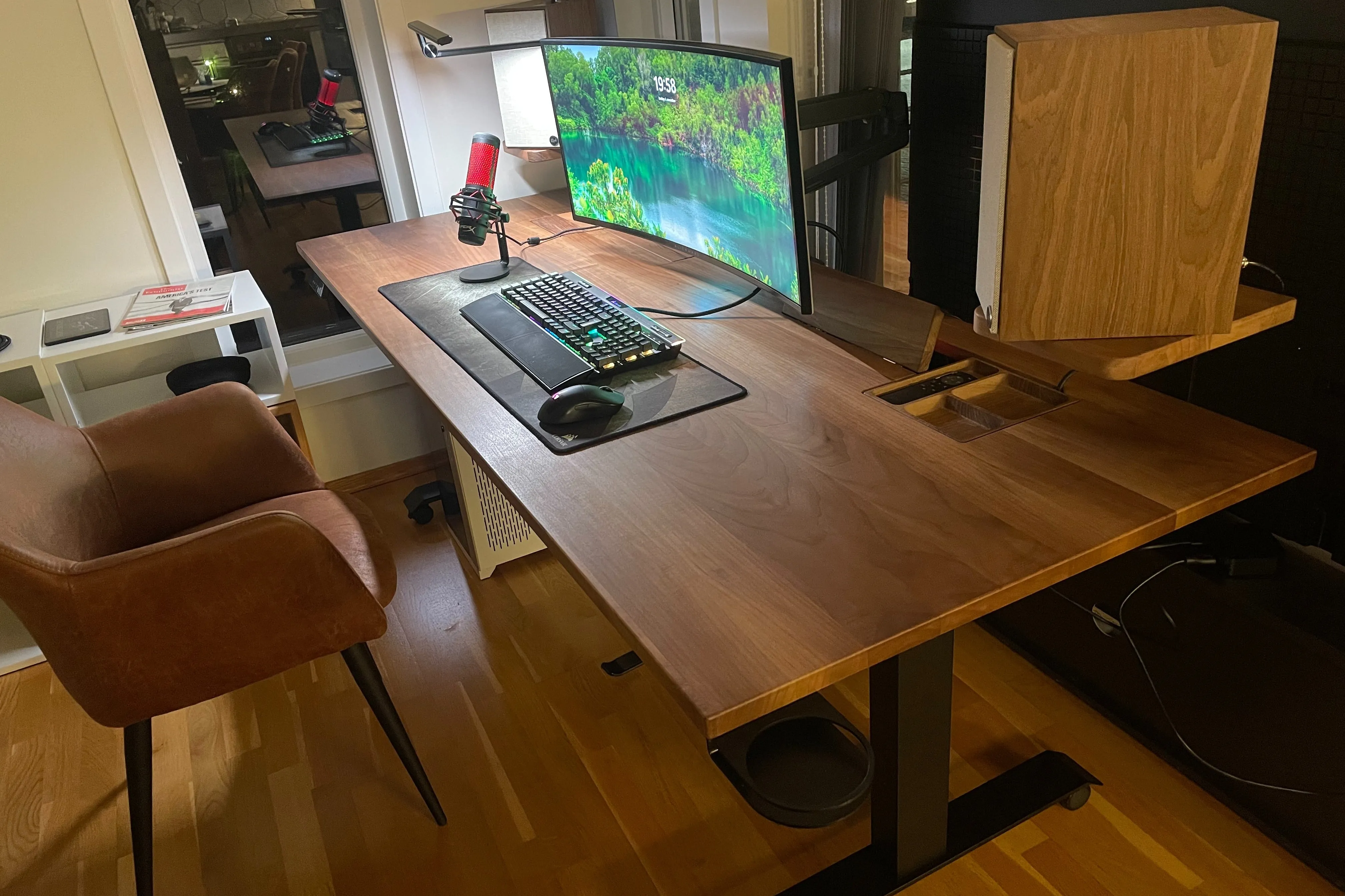 Walnut standing desk with cable management unit