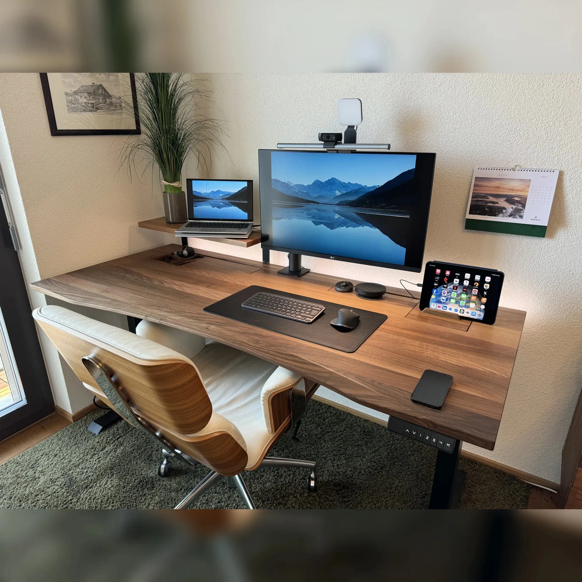 Walnut standing desk with cable management unit