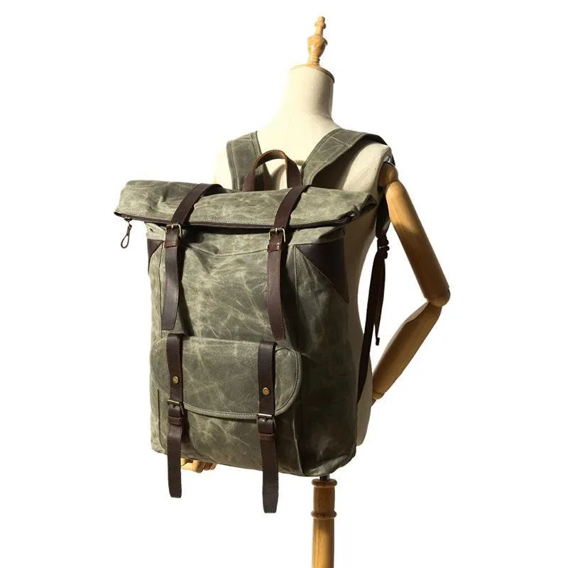 Waxed Canvas Vintage Backpack Roll Top Rucksack