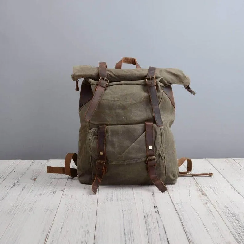 Waxed Canvas Vintage Backpack Roll Top Rucksack