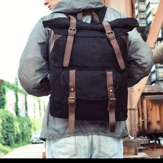 Waxed Canvas Vintage Backpack Roll Top Rucksack