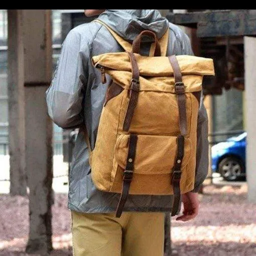 Waxed Canvas Vintage Backpack Roll Top Rucksack