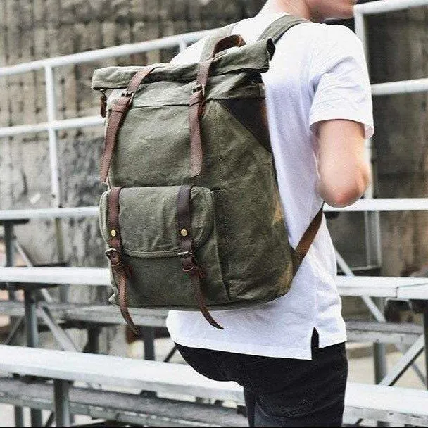 Waxed Canvas Vintage Backpack Roll Top Rucksack