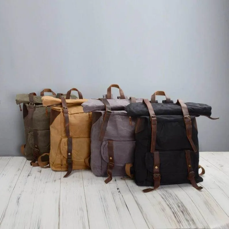 Waxed Canvas Vintage Backpack Roll Top Rucksack