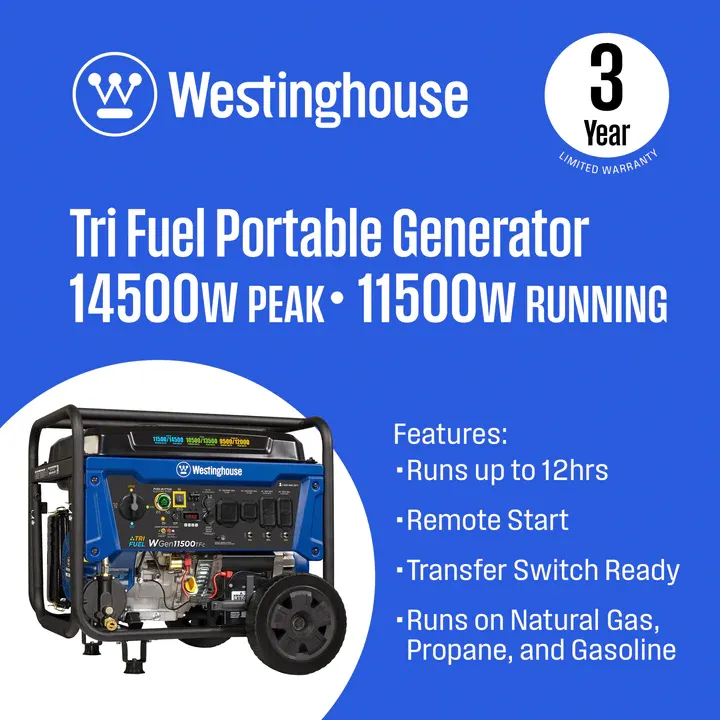 Westinghouse WGen11500TFc Tri-Fuel Generator 11500W/14500W CO Sensor 50 Amp Remote Start New