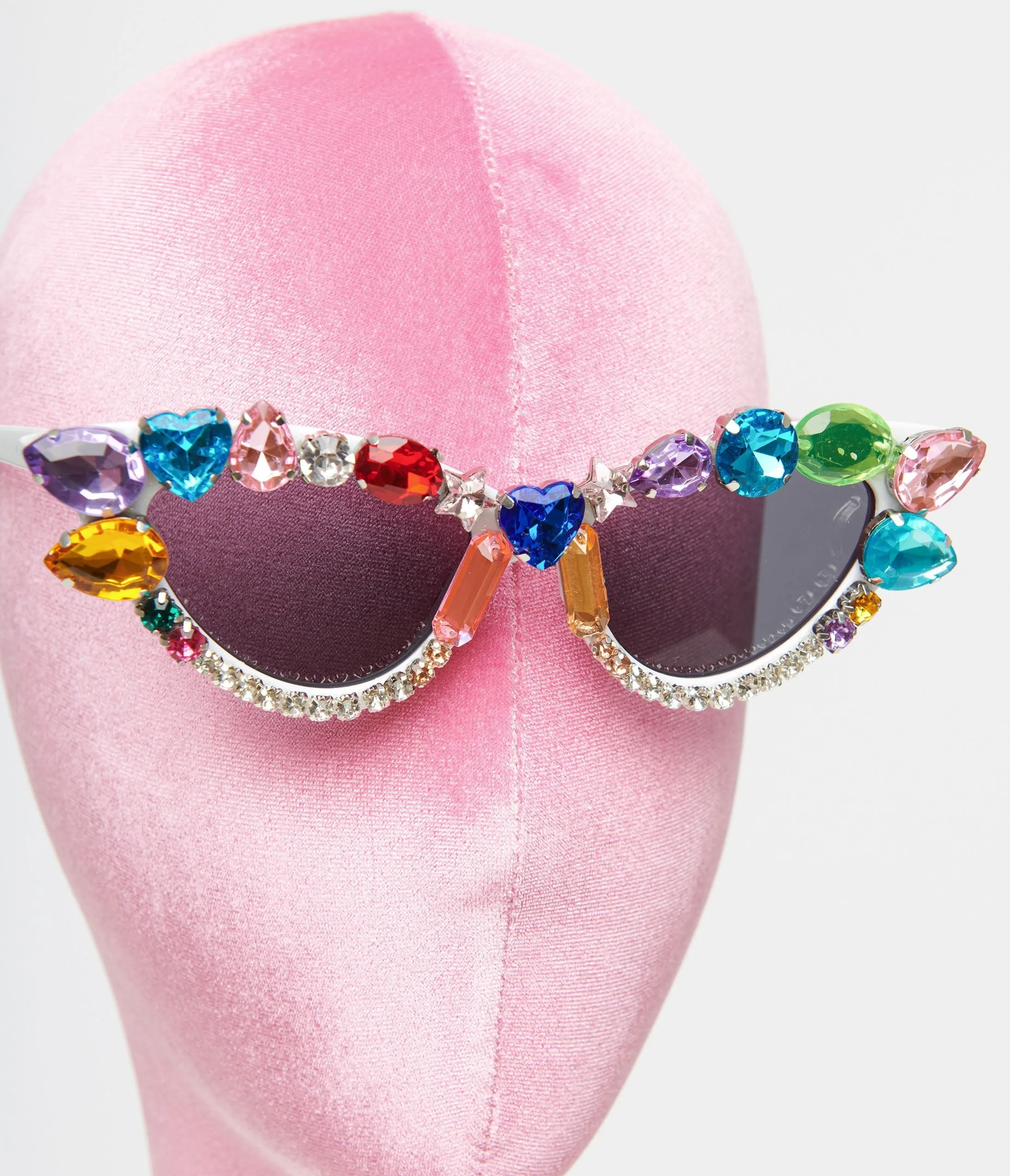 White & Rainbow Gemstone Cat Eye Sunglasses