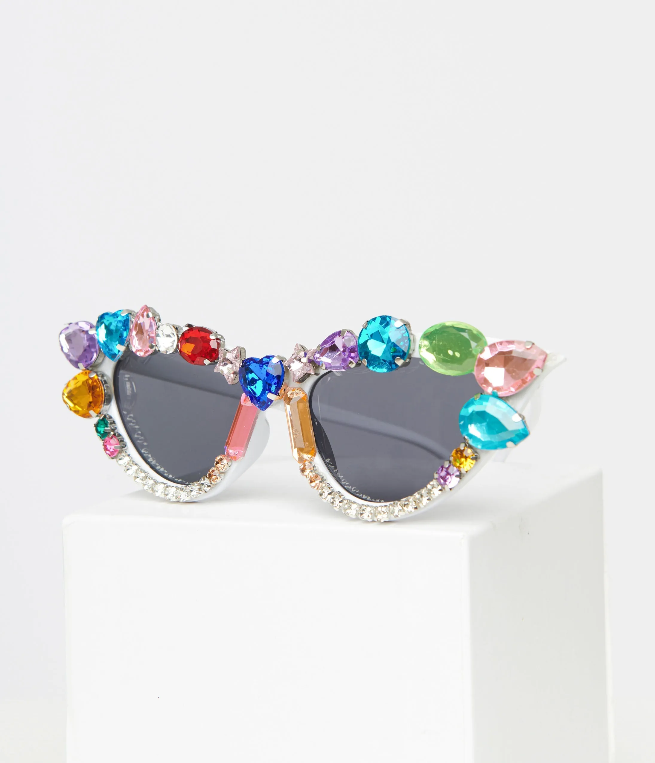 White & Rainbow Gemstone Cat Eye Sunglasses