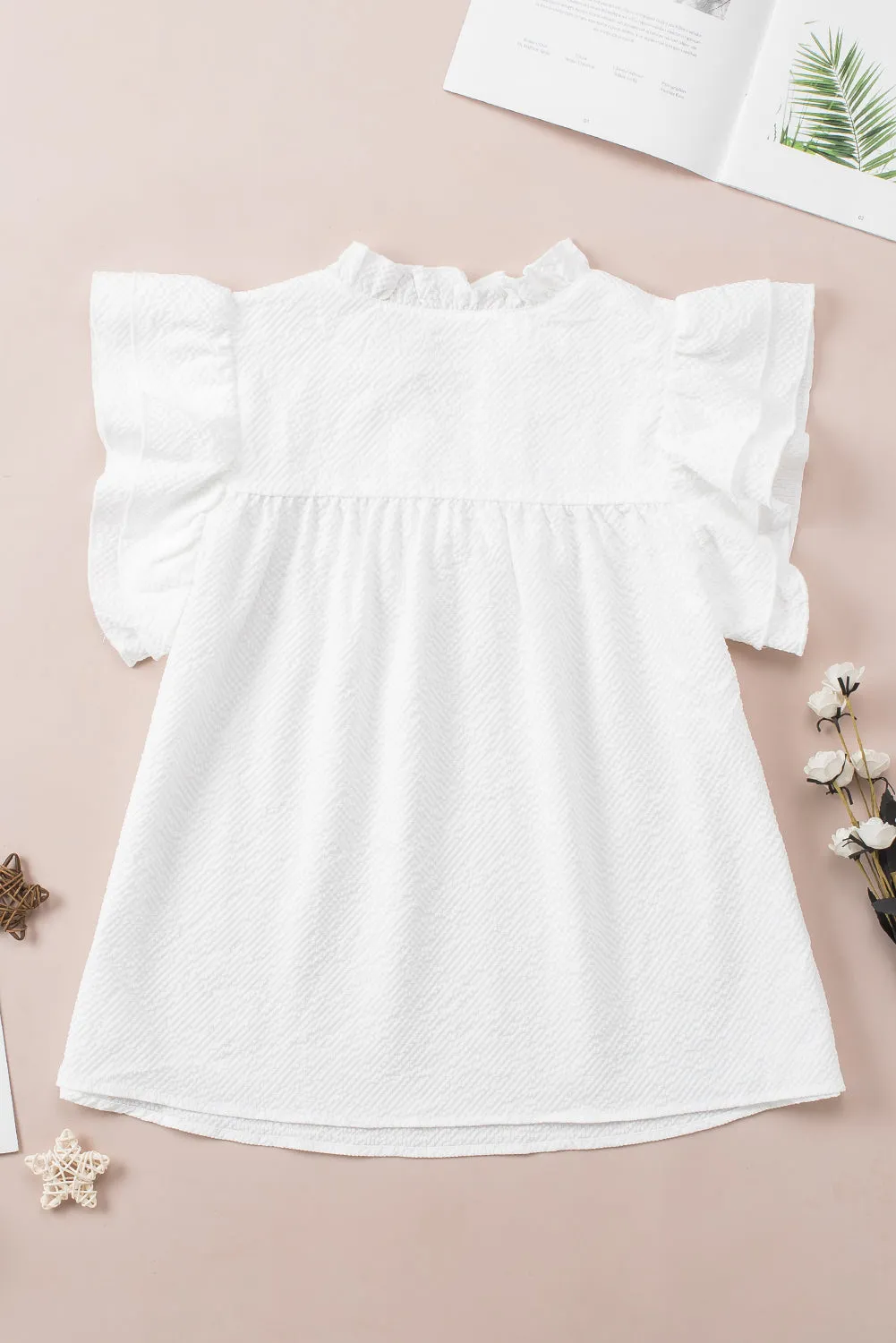 White Basic Textured Tiered Ruffle Sleeve Blouse for Women