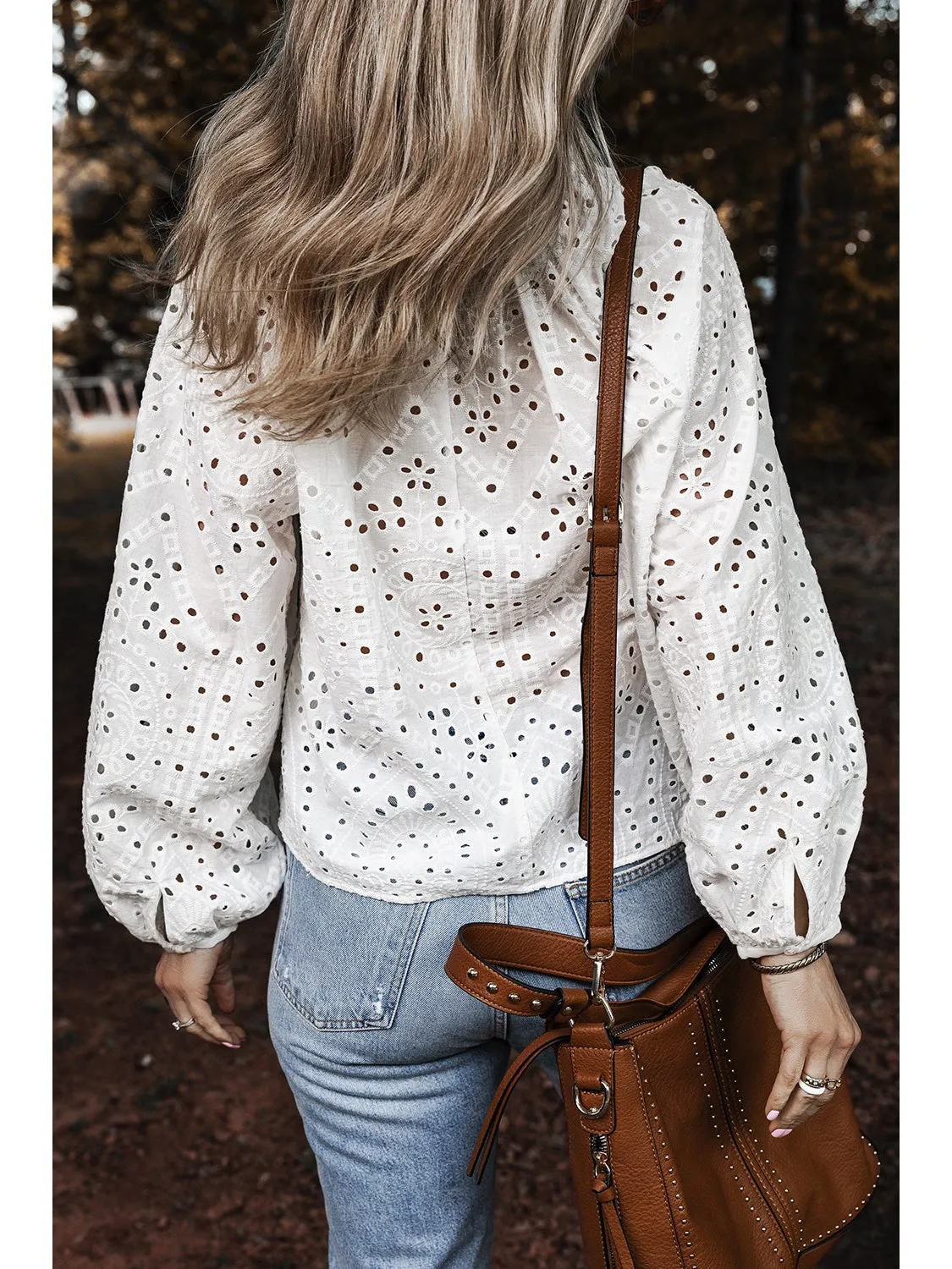 White Eyelet Embroidered Puff Sleeve V Neck Blouse