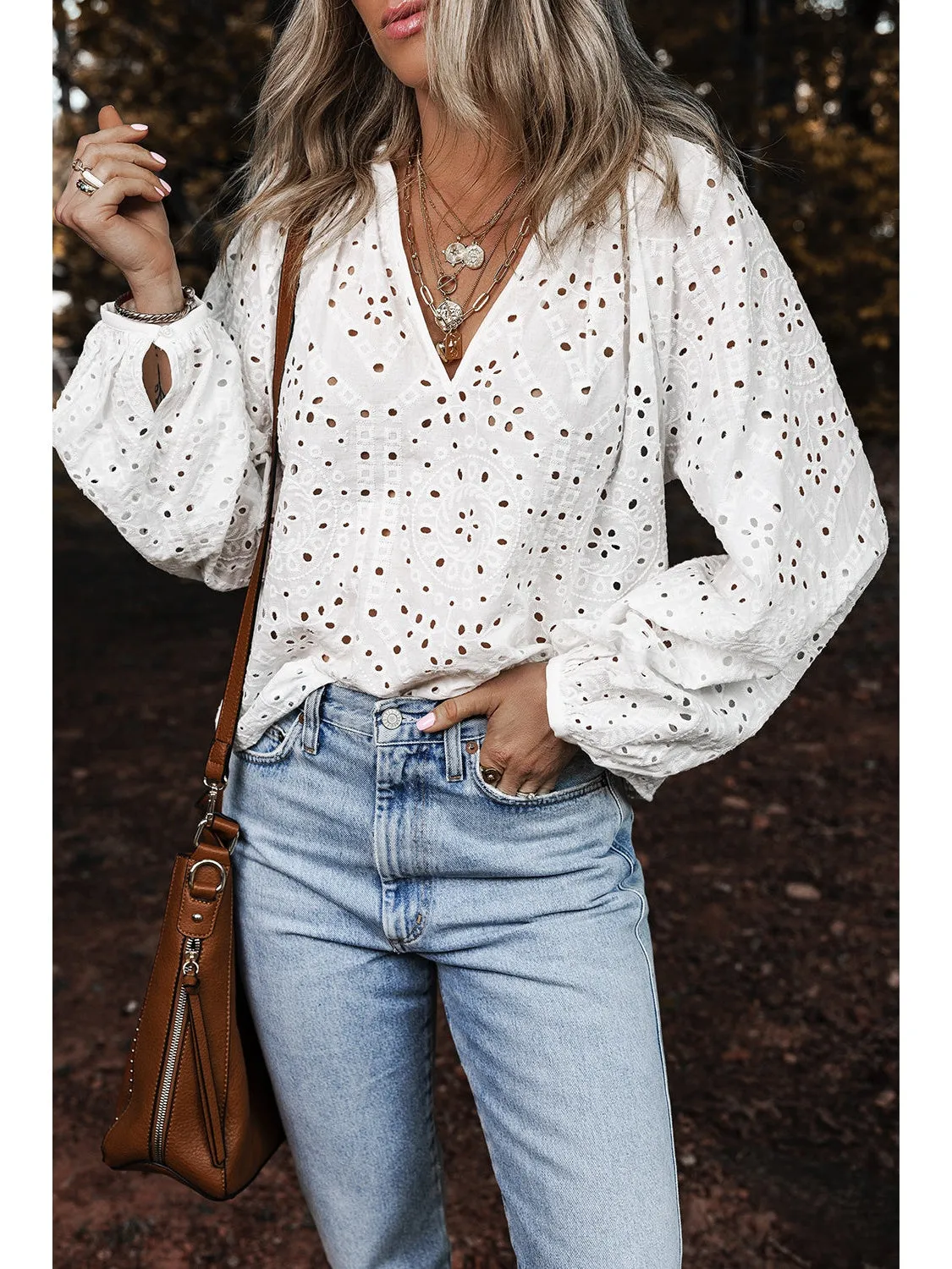 White Eyelet Embroidered Puff Sleeve V Neck Blouse