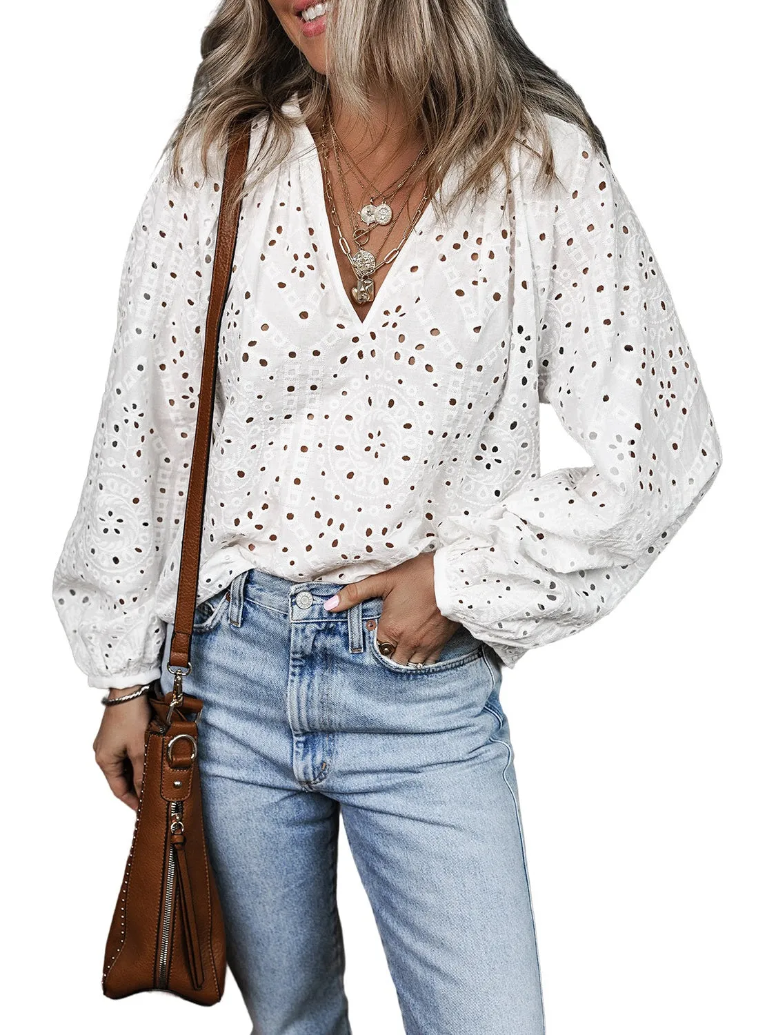 White Eyelet Embroidered Puff Sleeve V Neck Blouse