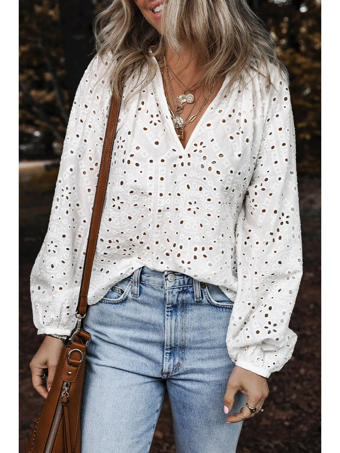 White Eyelet Embroidered Puff Sleeve V Neck Blouse