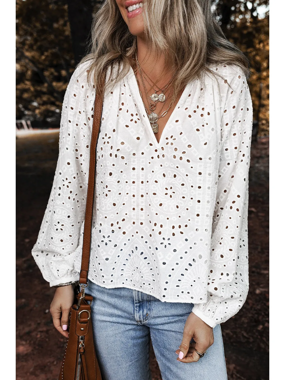 White Eyelet Embroidered Puff Sleeve V Neck Blouse