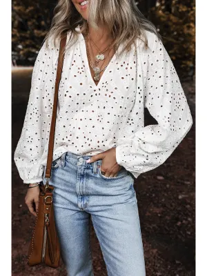 White Eyelet Embroidered Puff Sleeve V Neck Blouse