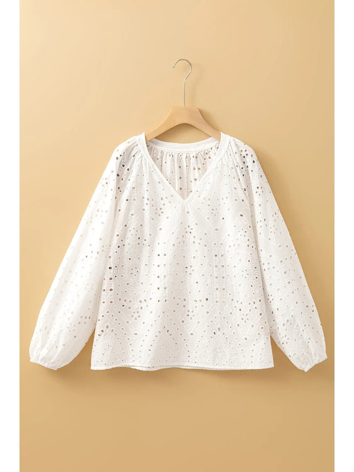 White Eyelet Embroidered Puff Sleeve V Neck Blouse