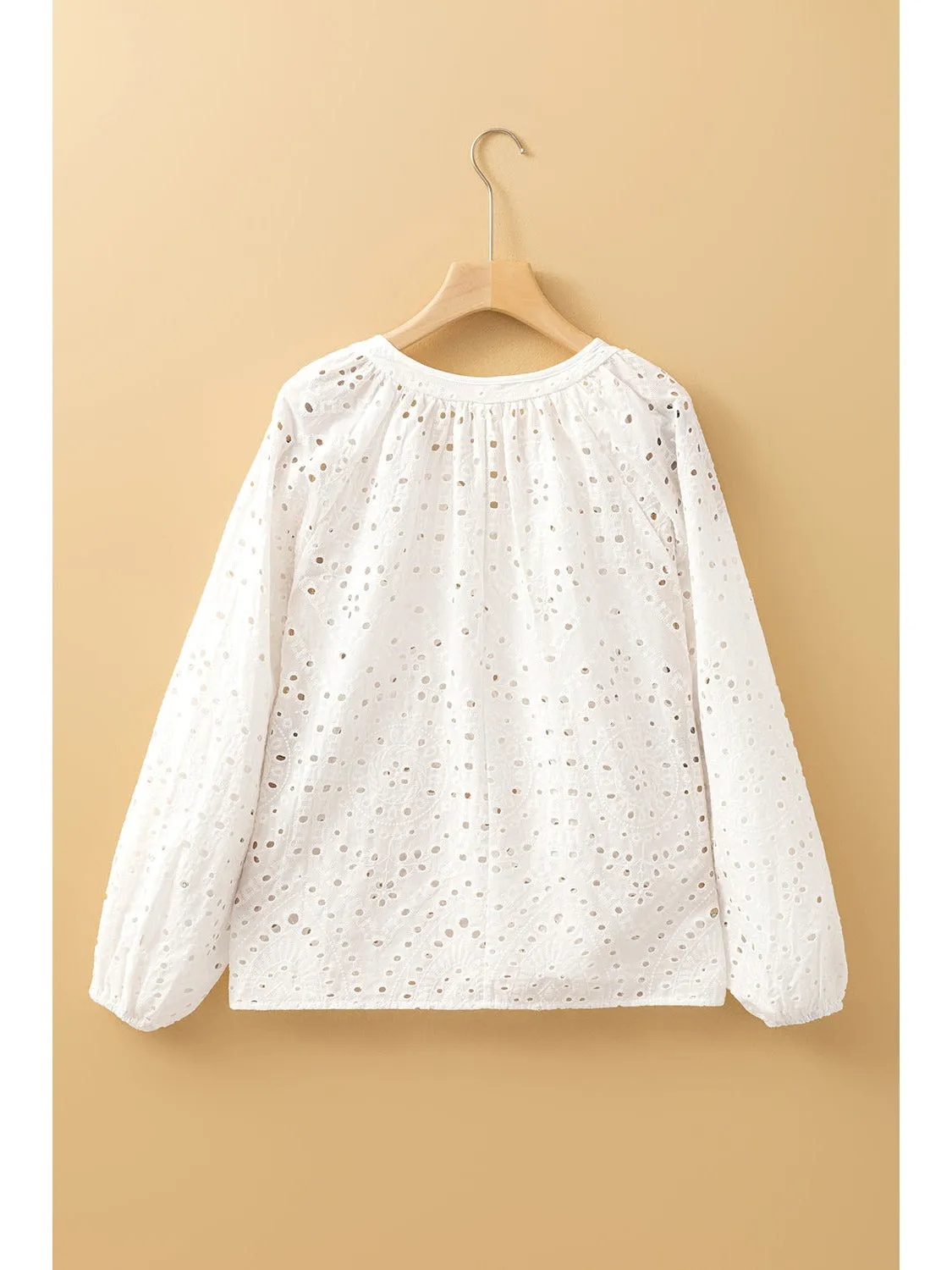 White Eyelet Embroidered Puff Sleeve V Neck Blouse