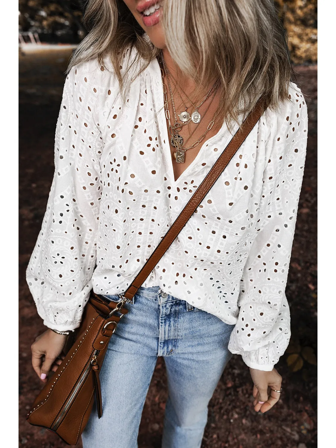 White Eyelet Embroidered Puff Sleeve V Neck Blouse