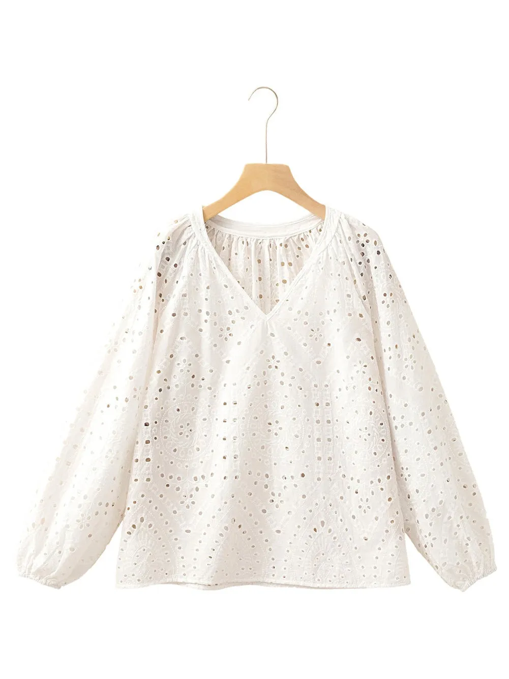 White Eyelet Embroidered Puff Sleeve V Neck Blouse