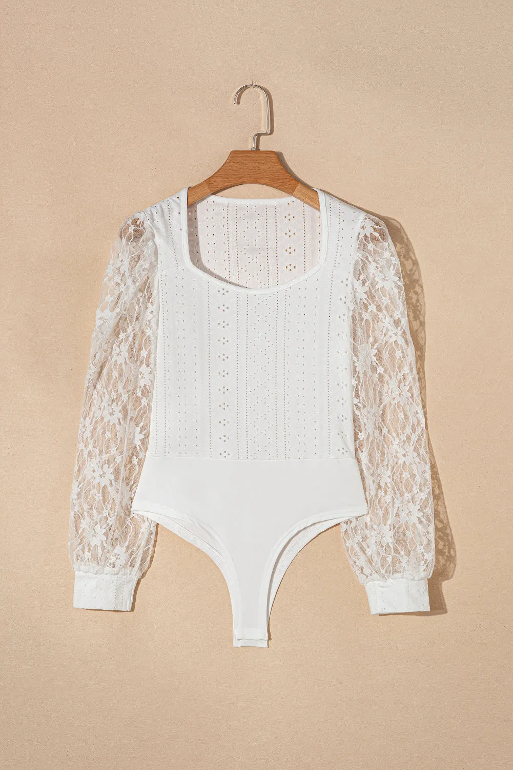 White Frenchy Contrast Lace Bishop Sleeve Bodysuit