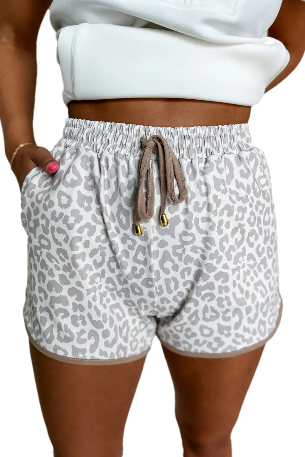 White Leopard Elastic Waist Lace up Contrast Trim Casual Shorts