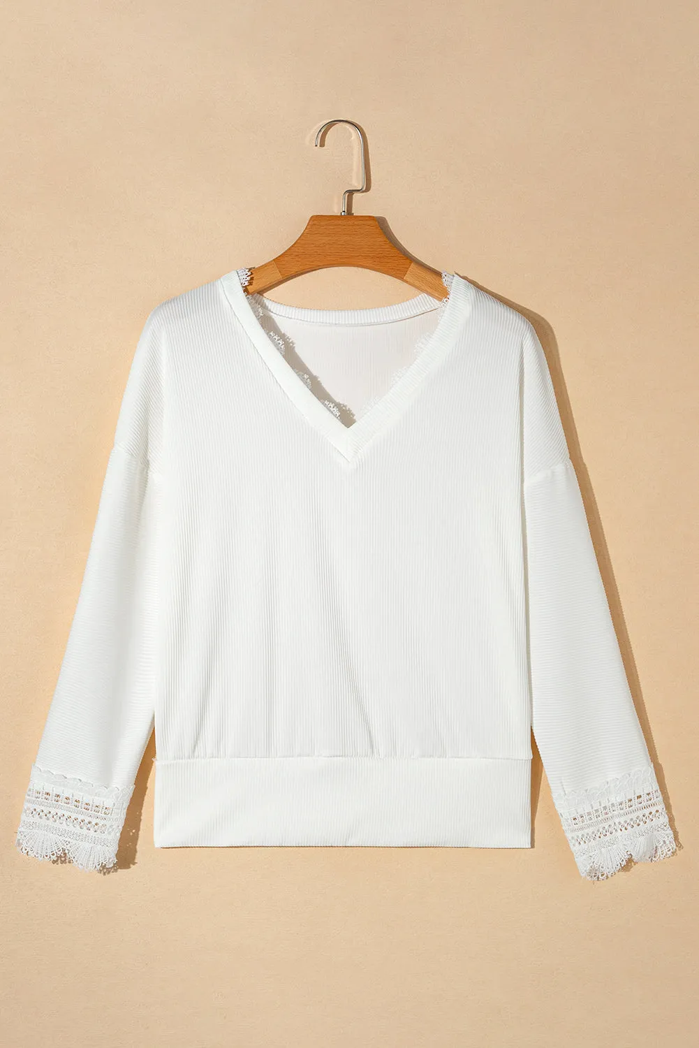 White Ribbed Texture Lace Trim V Neck Long Sleeve Top