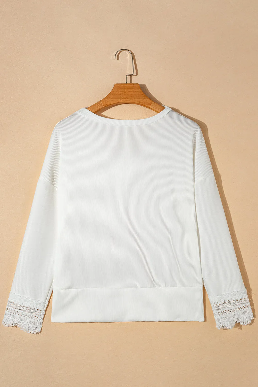 White Ribbed Texture Lace Trim V Neck Long Sleeve Top