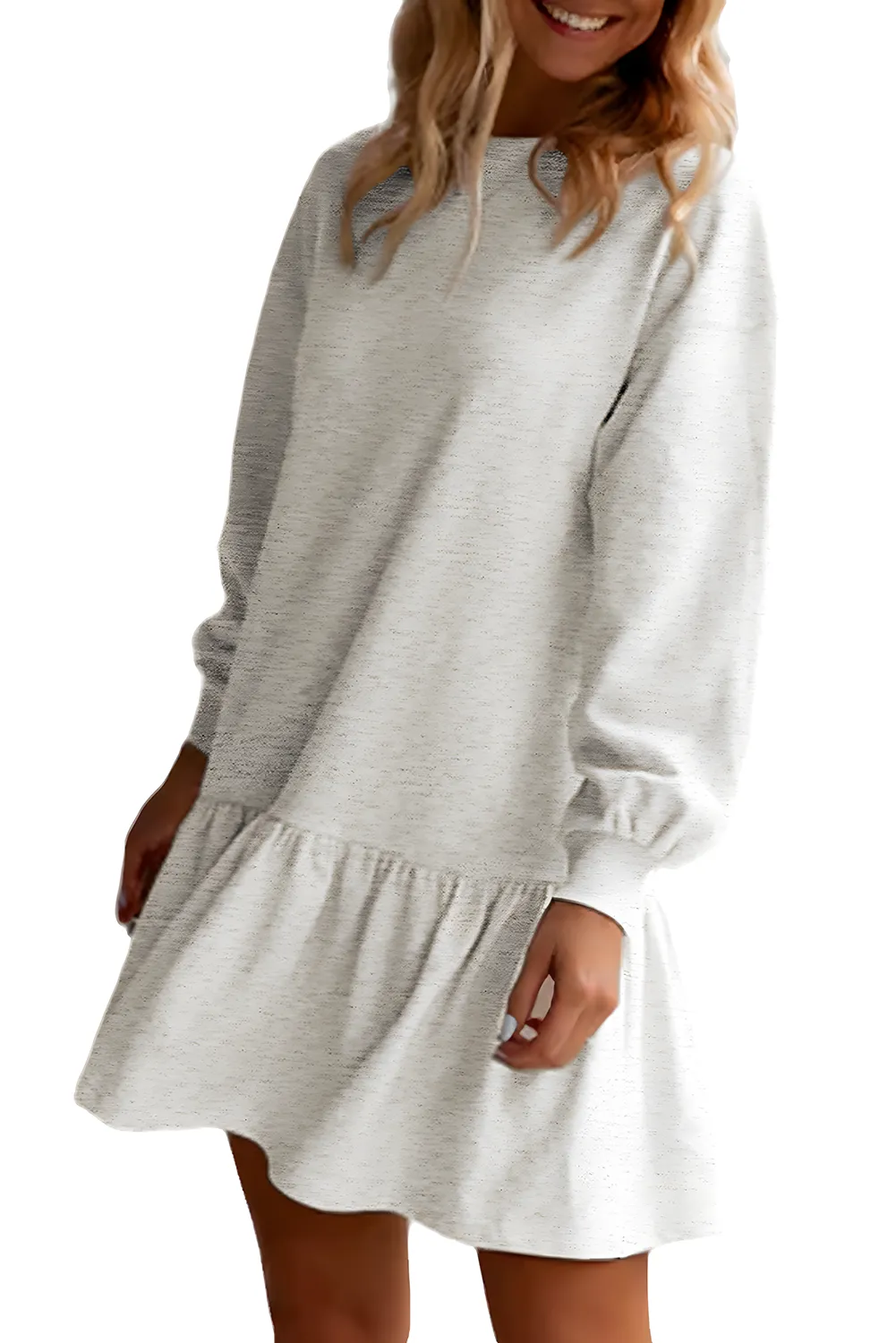 White Solid Color Ruffle Hem Mini Sweatshirt Dress