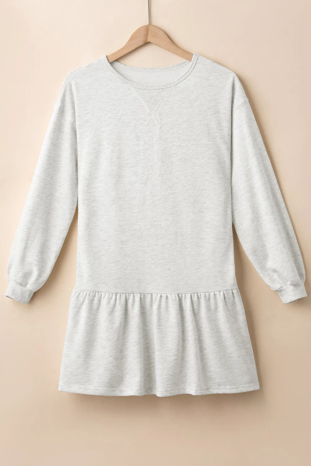 White Solid Color Ruffle Hem Mini Sweatshirt Dress