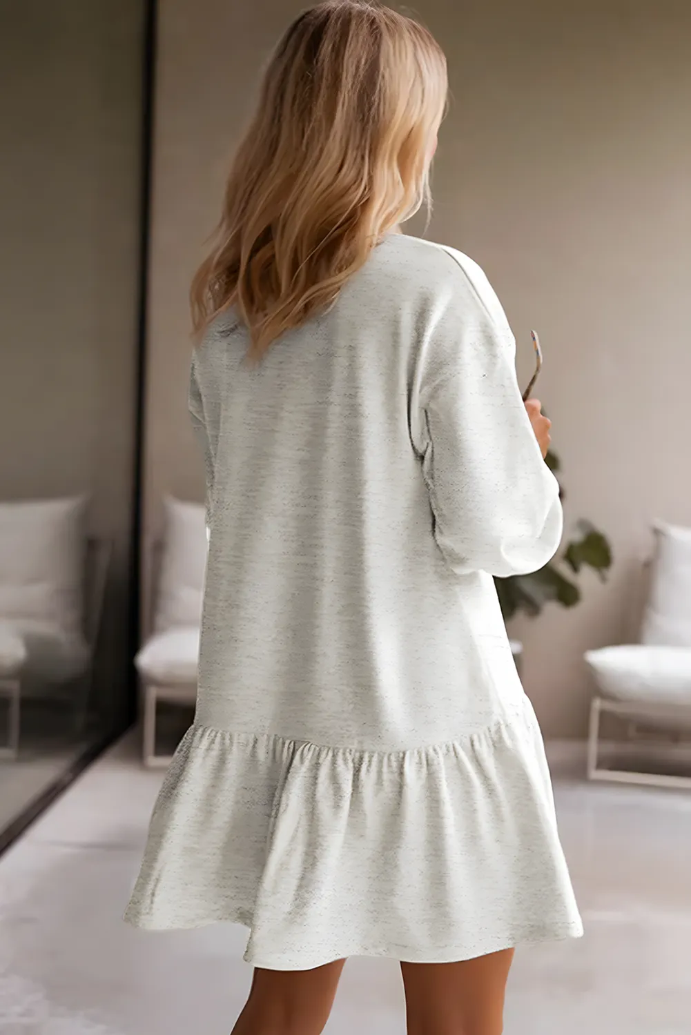 White Solid Color Ruffle Hem Mini Sweatshirt Dress