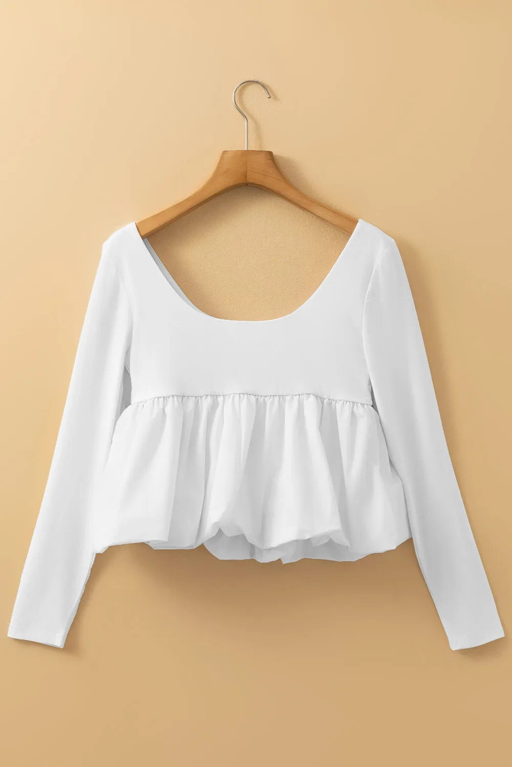 White U Neck Long Sleeve Bubble Hem Top