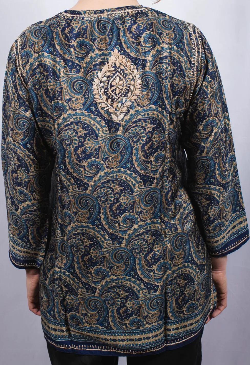 Women's Embroidered Silk Tunic Top in Navy