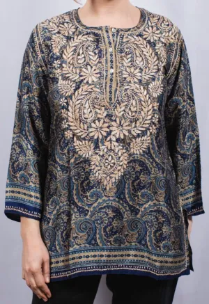 Women's Embroidered Silk Tunic Top in Navy