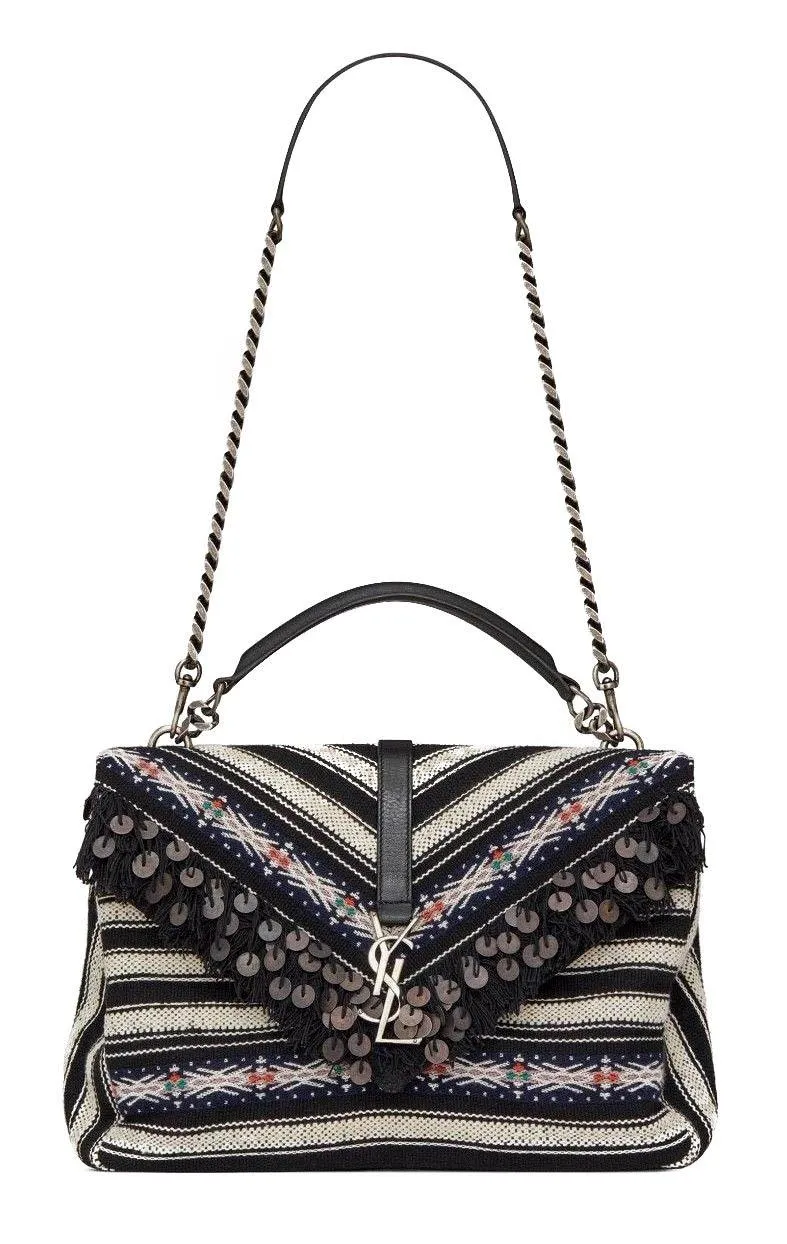 YSL Large College Berber Cloth Black White Chevron Shoulder Bag