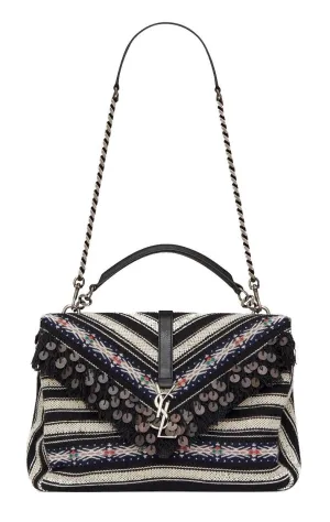 YSL Large College Berber Cloth Black White Chevron Shoulder Bag